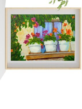 Hand Painted Balcony Garden White Pots  Pink & Orange Flowers Original Acrylic